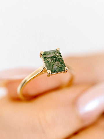 Emerald Cut Moss Agate Engagement Ring