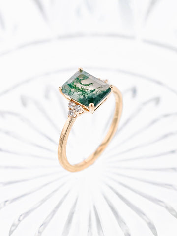 Emerald Cut Moss Agate Unique Engagement Ring