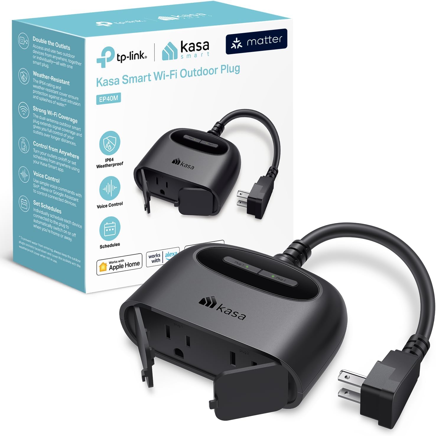 Kasa Matter Smart Outdoor Plug, Dual Outlet, Weather Resistance, 2.4G Wi-Fi Only, EP40M