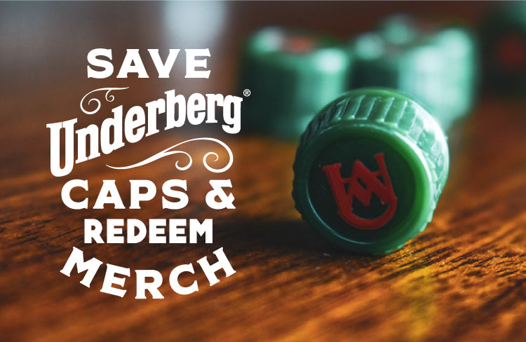 A photo of Underberg bottle caps with text reading Save Underberg caps & redeem Merch