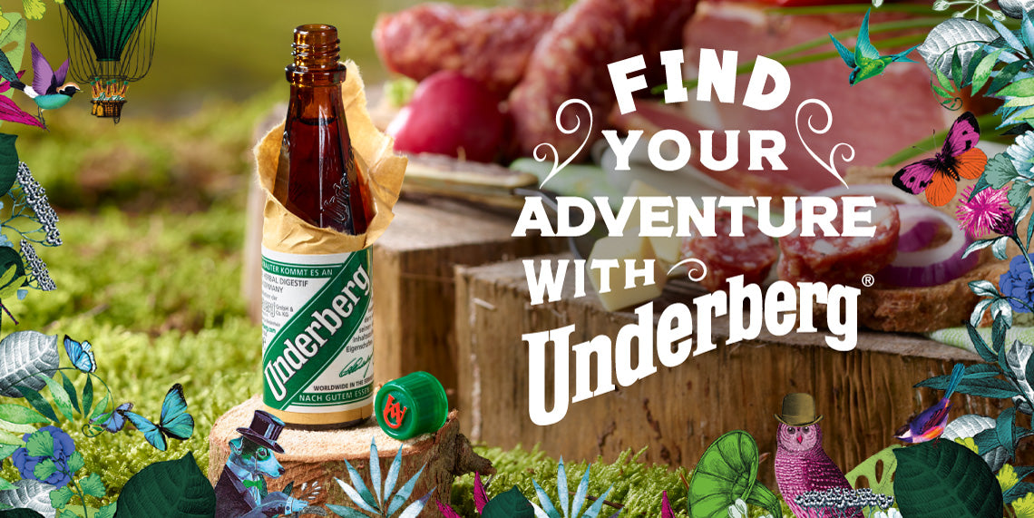 Decorative photo of a bottle of bitter with text reading Find your adventure with Underberg