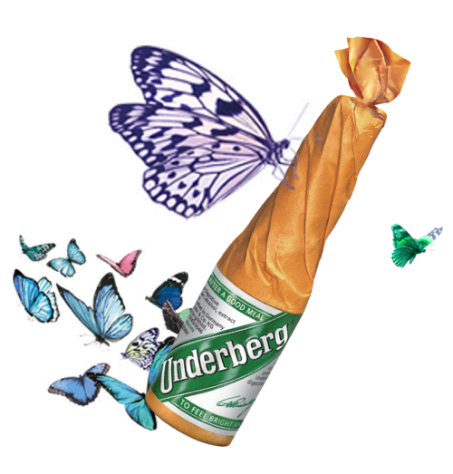 Styled photo of an Underberg sealed bottled with butterflies around it