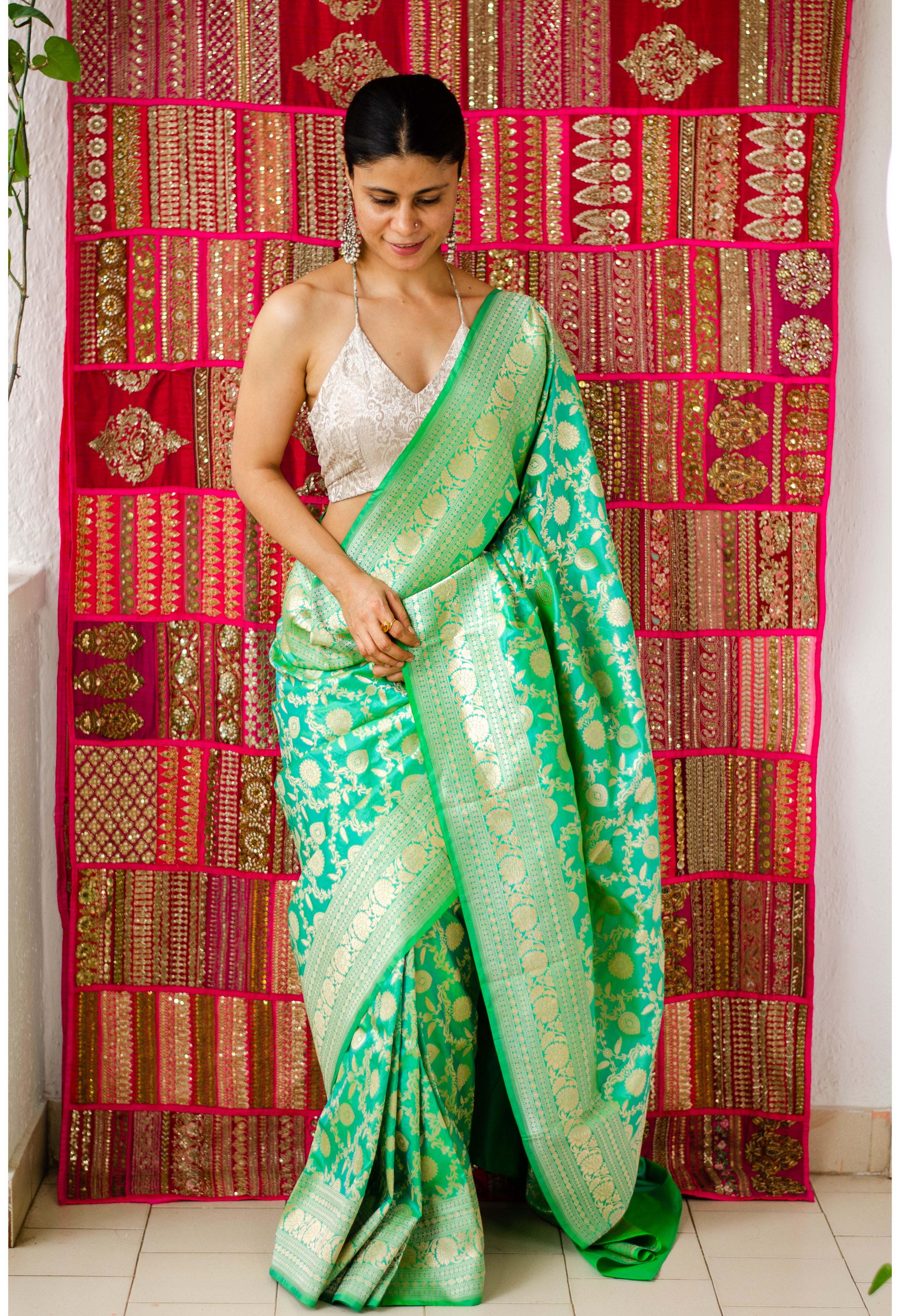 Buy Pista Green Muga Banarasi Saree Online in USA |Pink Zari Border – Pure  Elegance