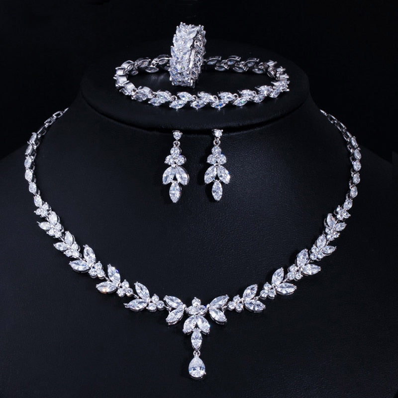 Christmas Gift CWWZircons 4Pcs Brilliant Cubic Zircon Necklace Earrings Ring and Bracelet Wedding Bridal Jewelry Sets Dress Accessories T344
