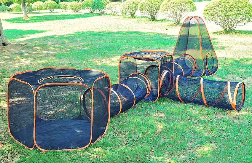 Outdoor pop-up cat tent set up on yard