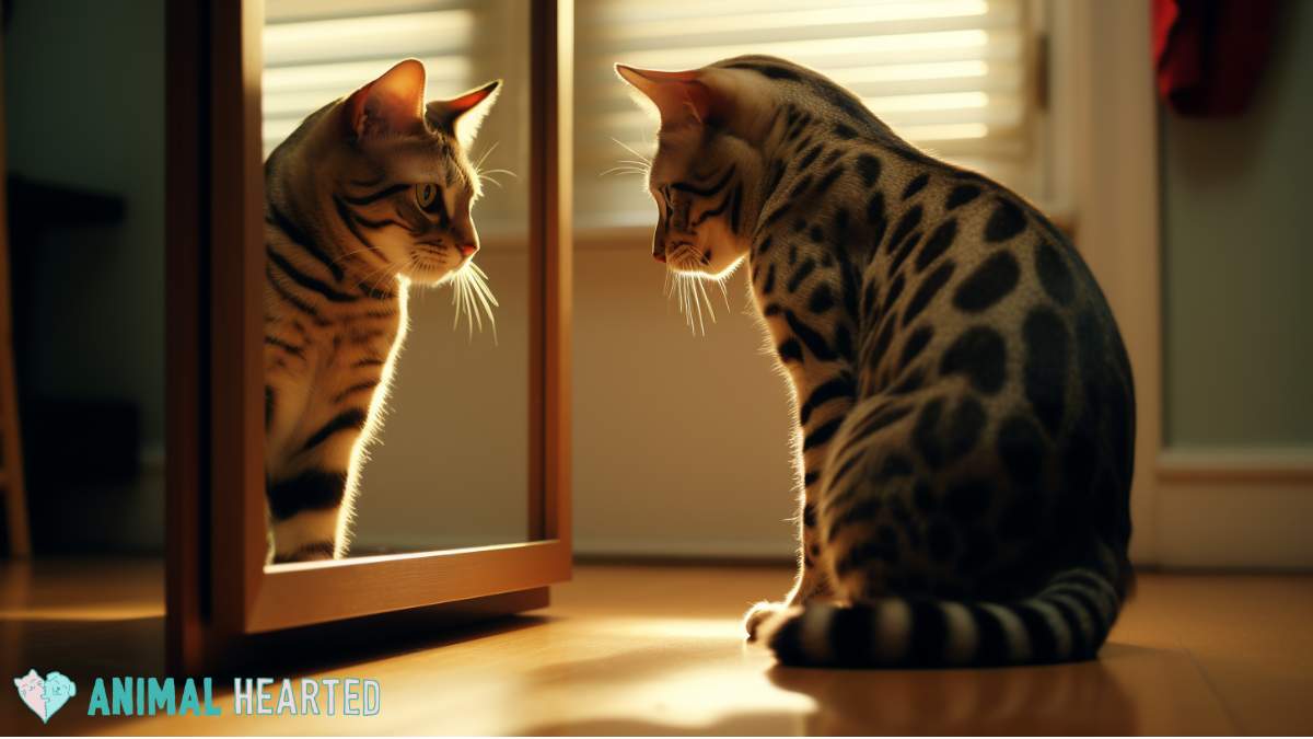 Cat curiously staring at its own reflection in the mirror