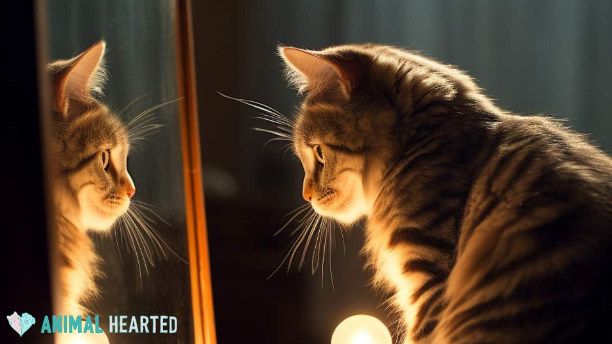 Cat staring at itself in the mirror with light underneath its face