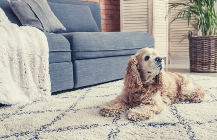 Dog lying down on a carpet near its pee