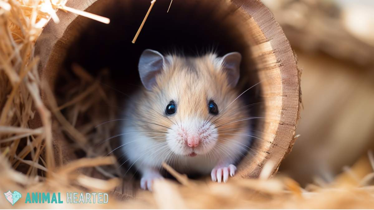 dwarf hamster hiding inside wood