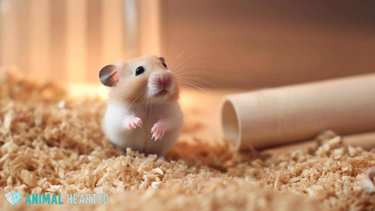 dwarf hamster standing on aspen wood shavings