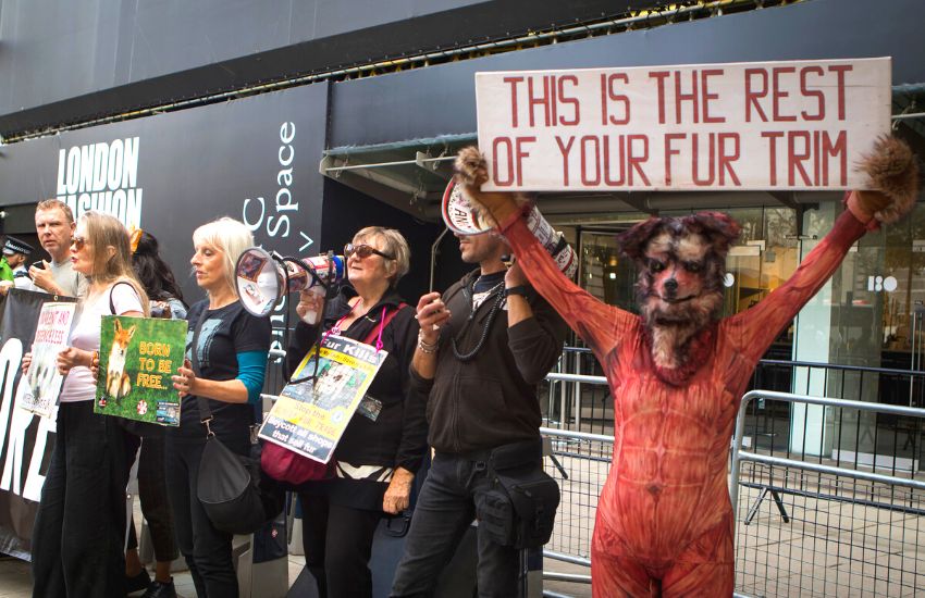 Animal rights protesters during London Fashion week