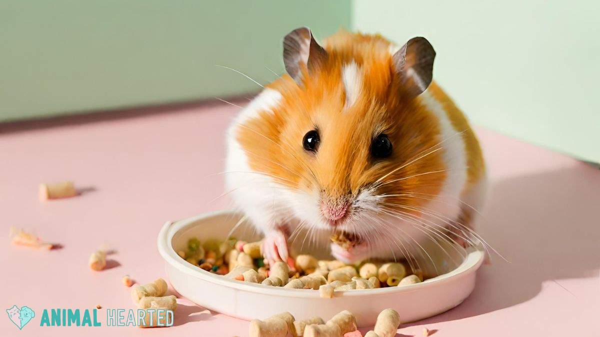 hamster eating pellets in a food bowl