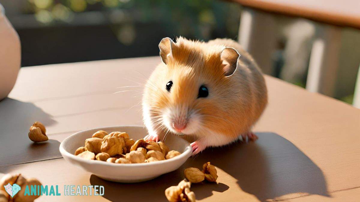 Hamster eating walnut in a bowl
