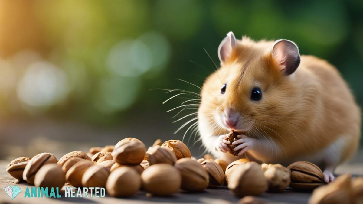 hamster eating walnuts outdoors