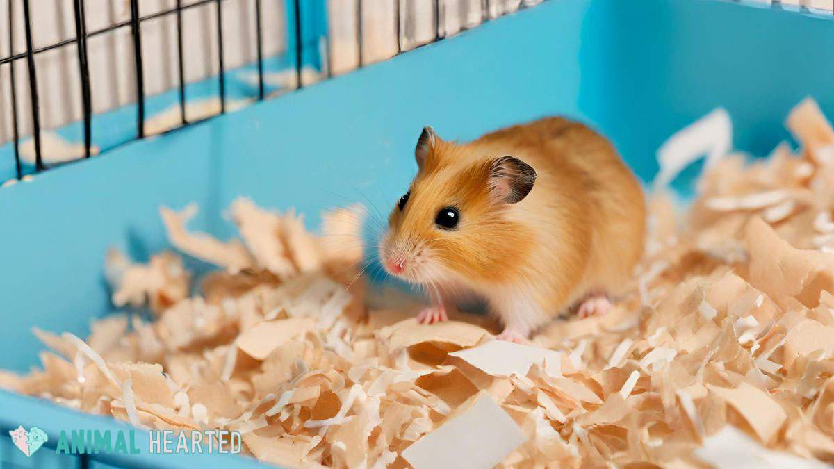 hamster inside a blue cage with paper shred bedding