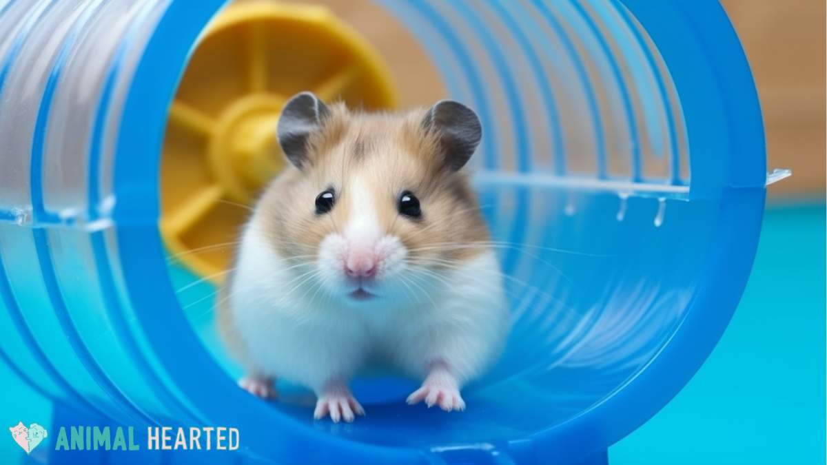 hamster inside a blue hamster tunnel