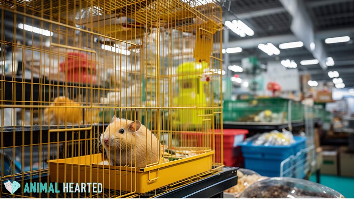 hamster inside a yellow cage in a pet store