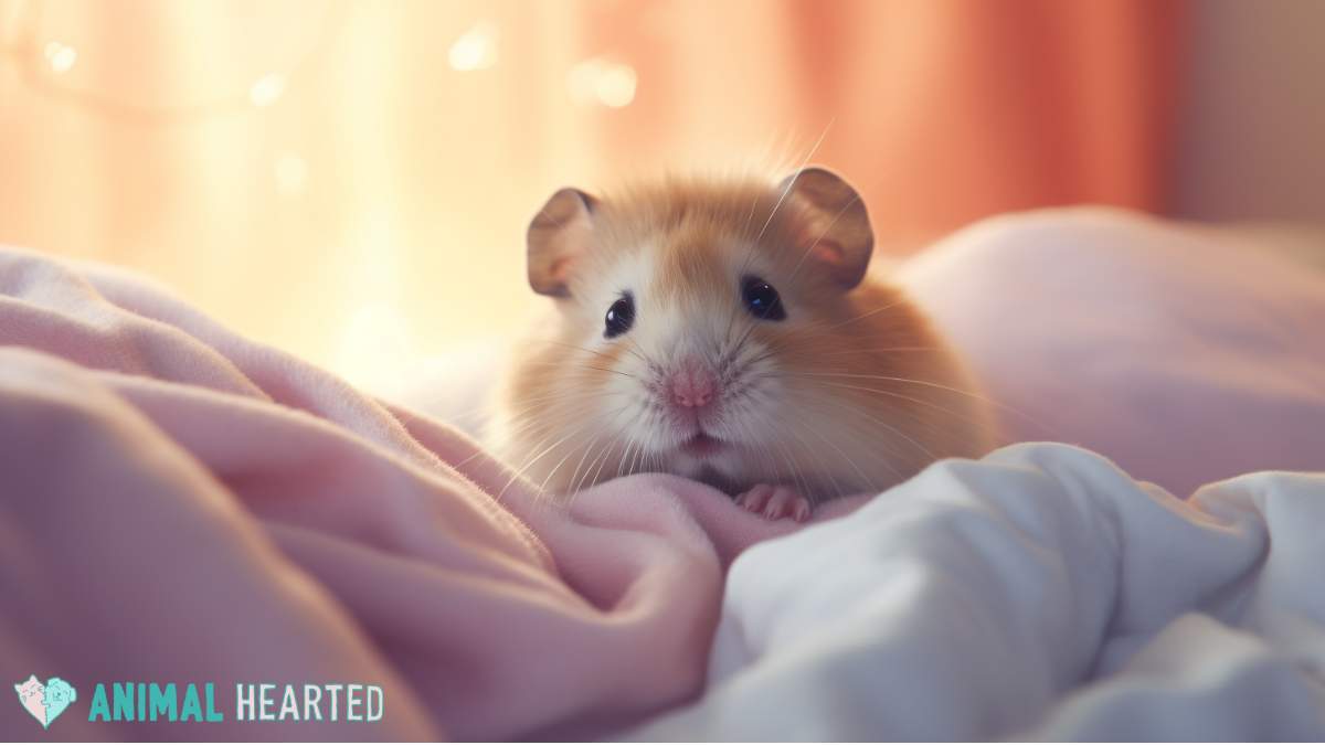 hamster on pastel-colored bedding