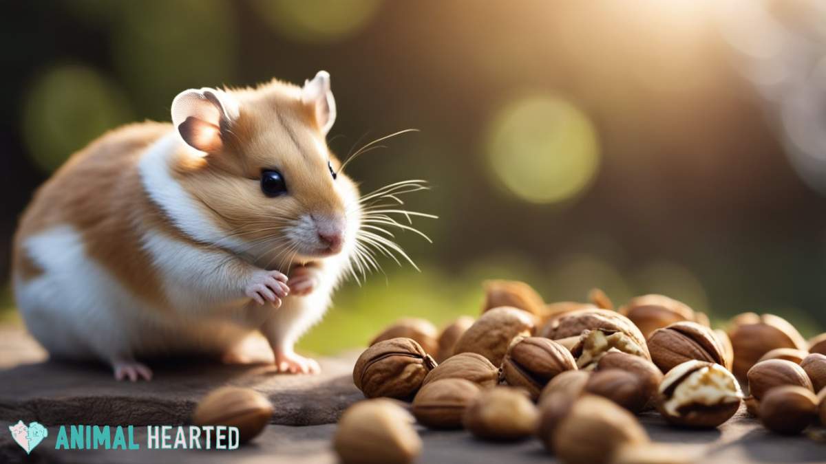 hamster with walnuts on a table outdoors