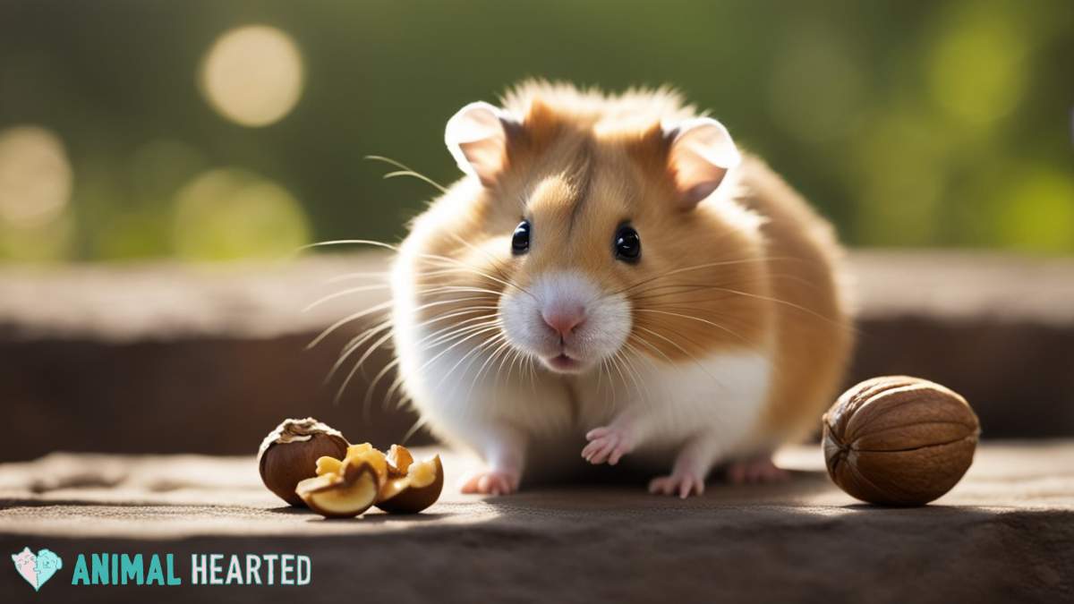 hamster with walnuts on a table