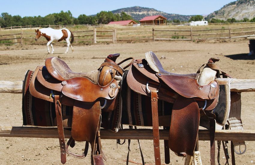 saddles on the fence of a horse pen