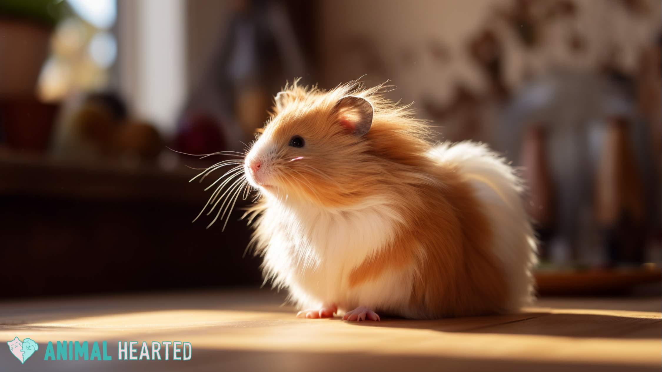 long-haired Syrian hamster in a living room