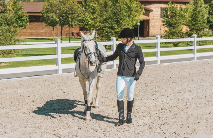 male equestrian walking with a white horse in a pen