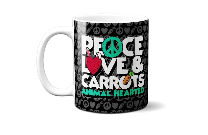 Black mug with "Peace Love and Carrots" print