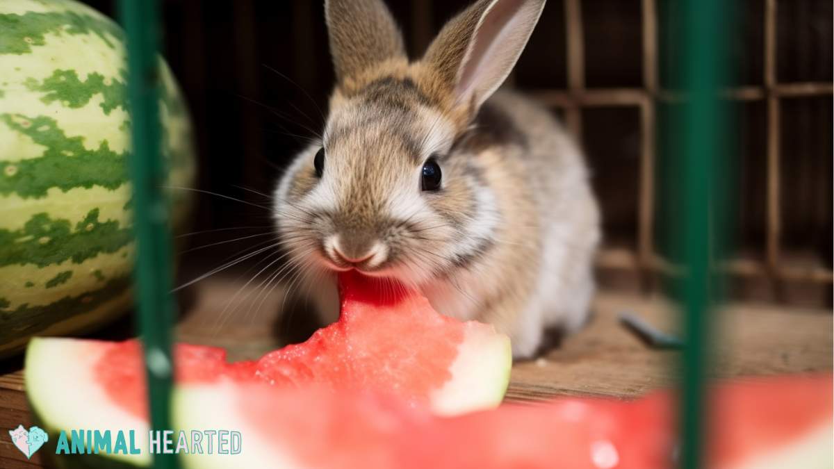 rabbit eating watermelon inside its cage