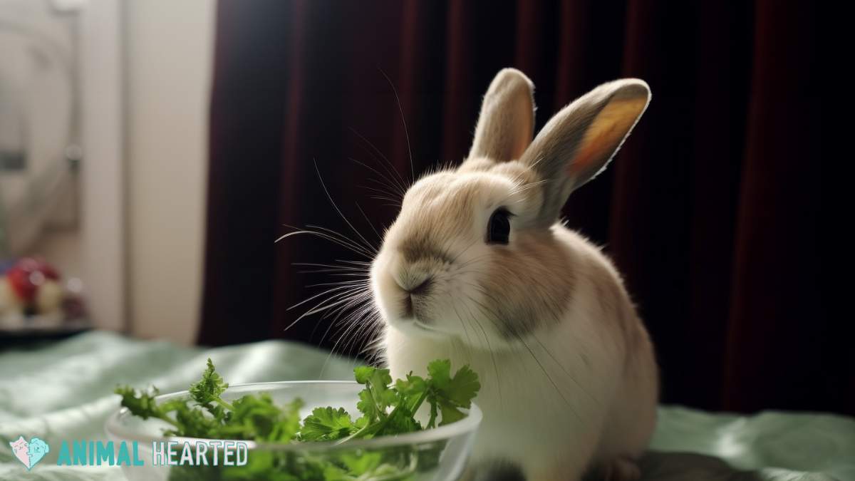 rabbit eating parsley in a glass bowl