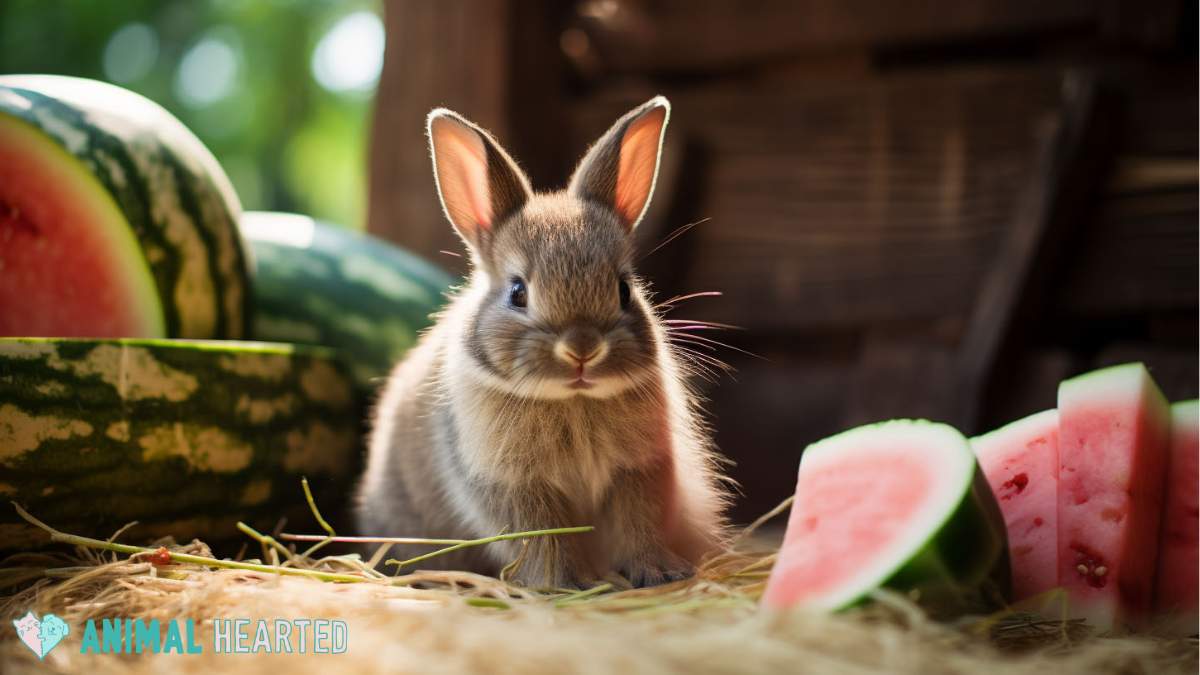 rabbit sitting on hay with watermelons