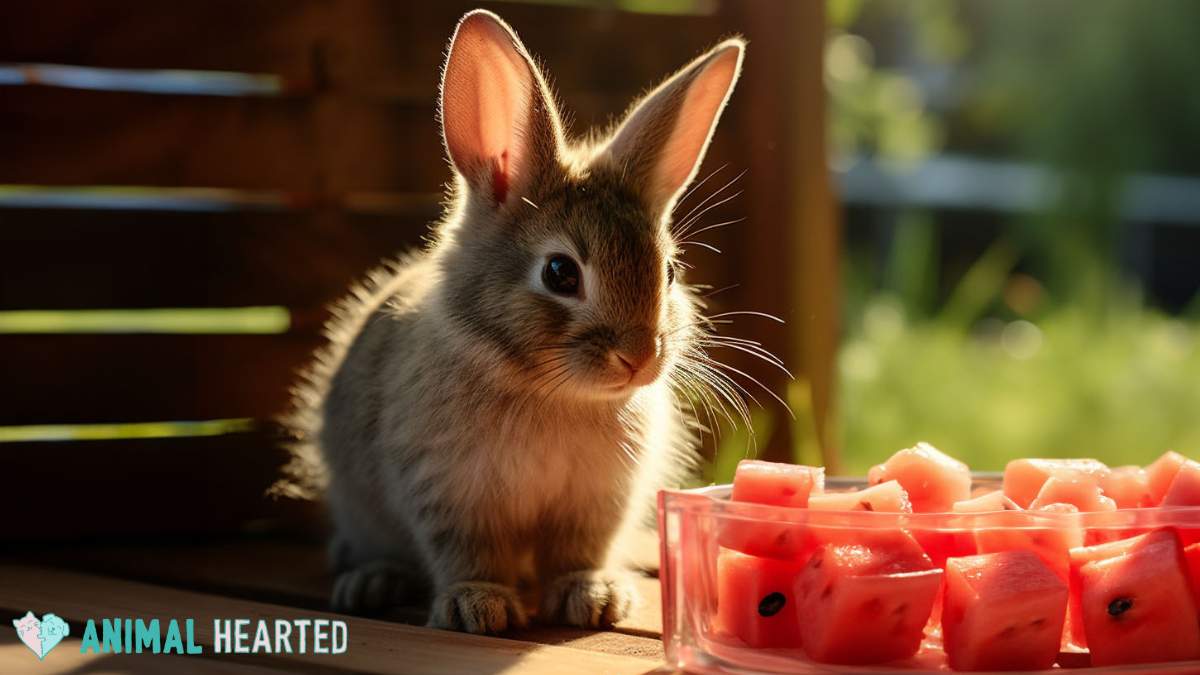rabbit staring at a bowl of watermelon cube slices