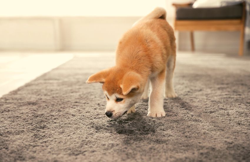 Dog sniffing at pee on carpet