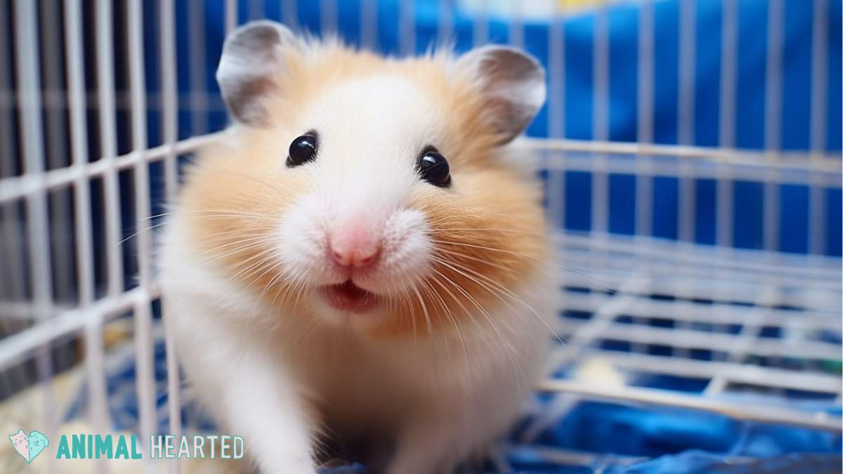 teddy bear hamster inside a cage
