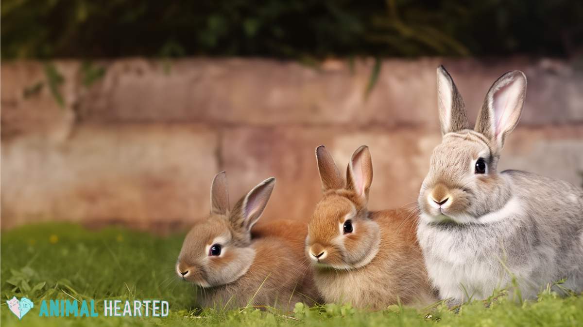 three rabbits of different sizes lying on grass