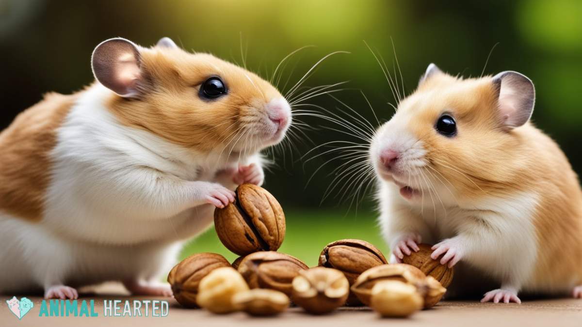 two hamsters eating walnuts outdoors