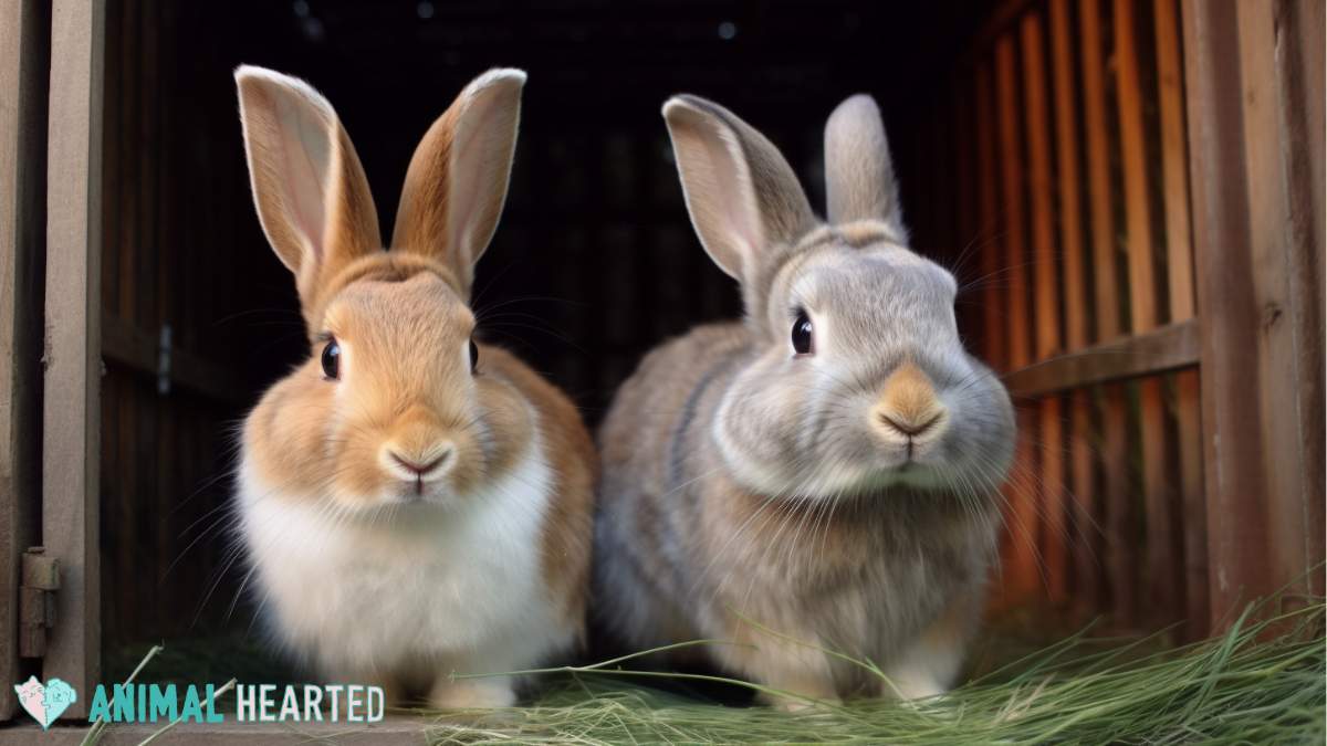 two rabbits inside an open wooden rabbit hutch