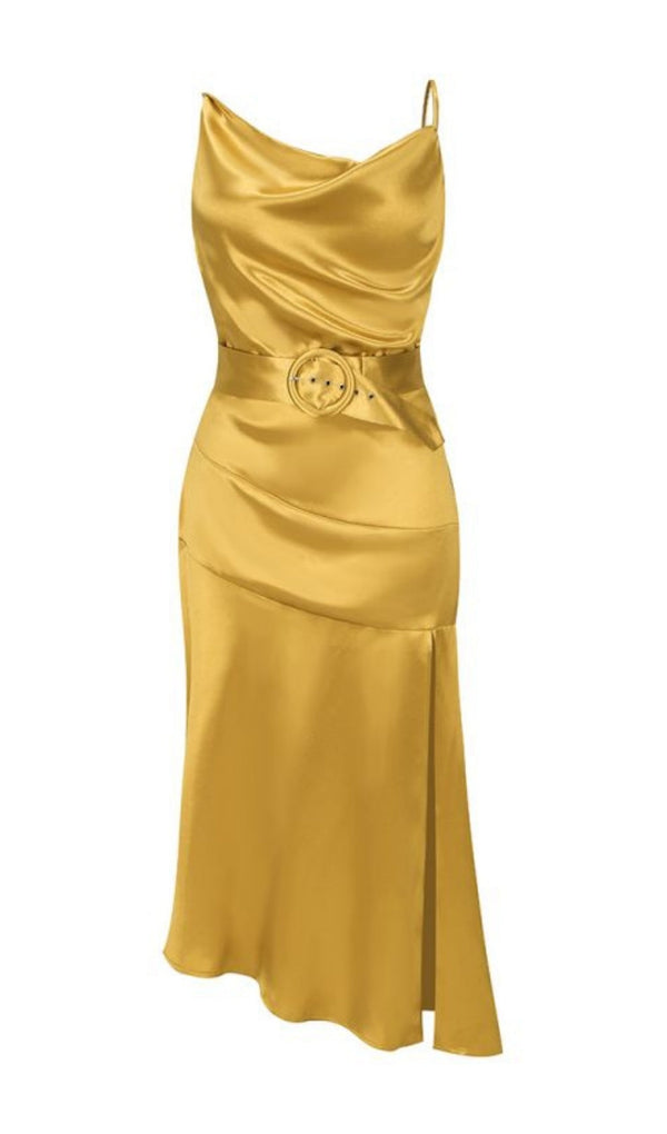 RUCHED STRAPPY MIDI DRESS IN GOLD