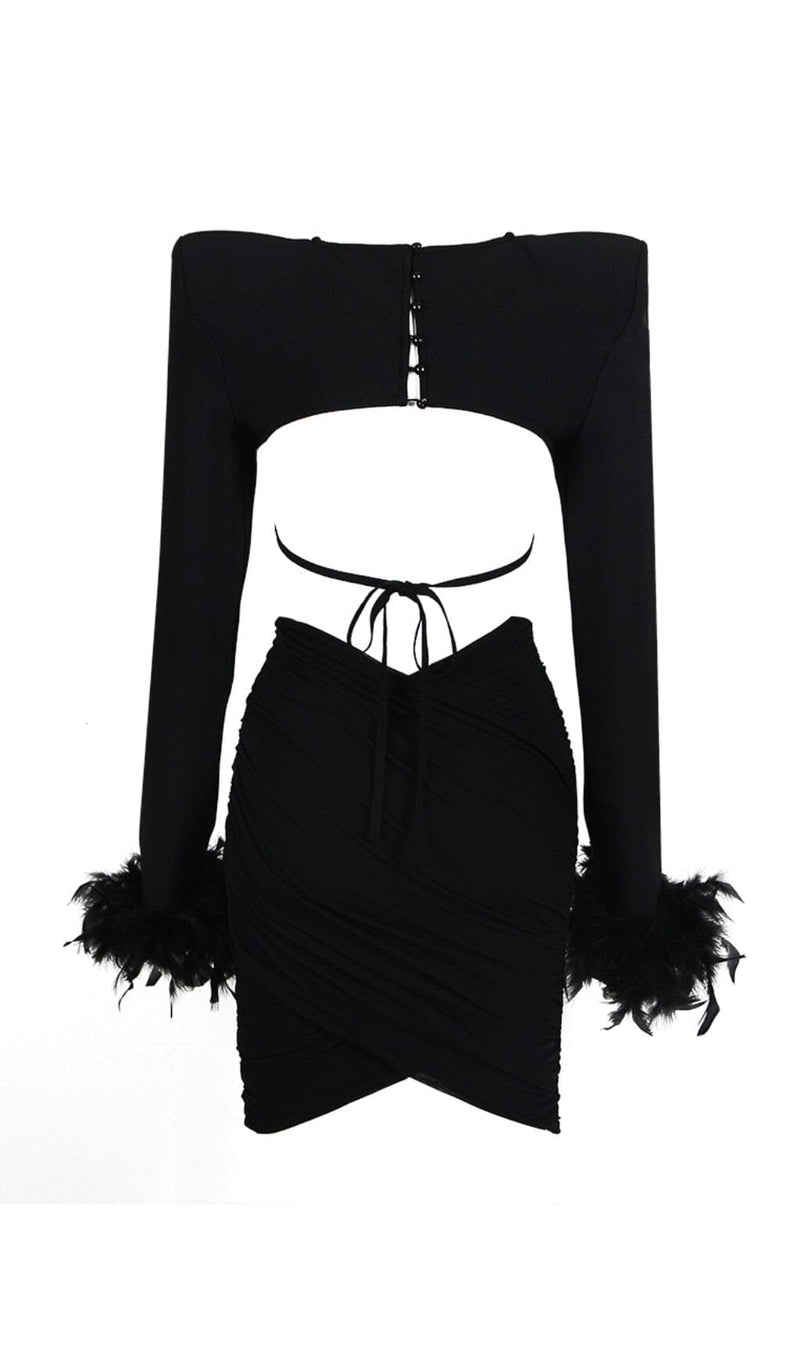 SHOULEDR PAD WAIST BARING FEATHER BLOUSE PLEATED DRESS IN BLACK styleofcb 