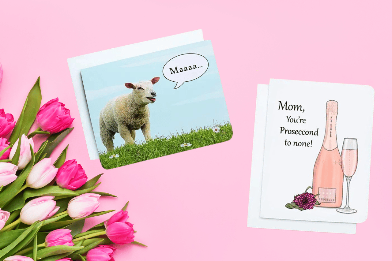 A photo of two Mother's Day cards on a pink background.
