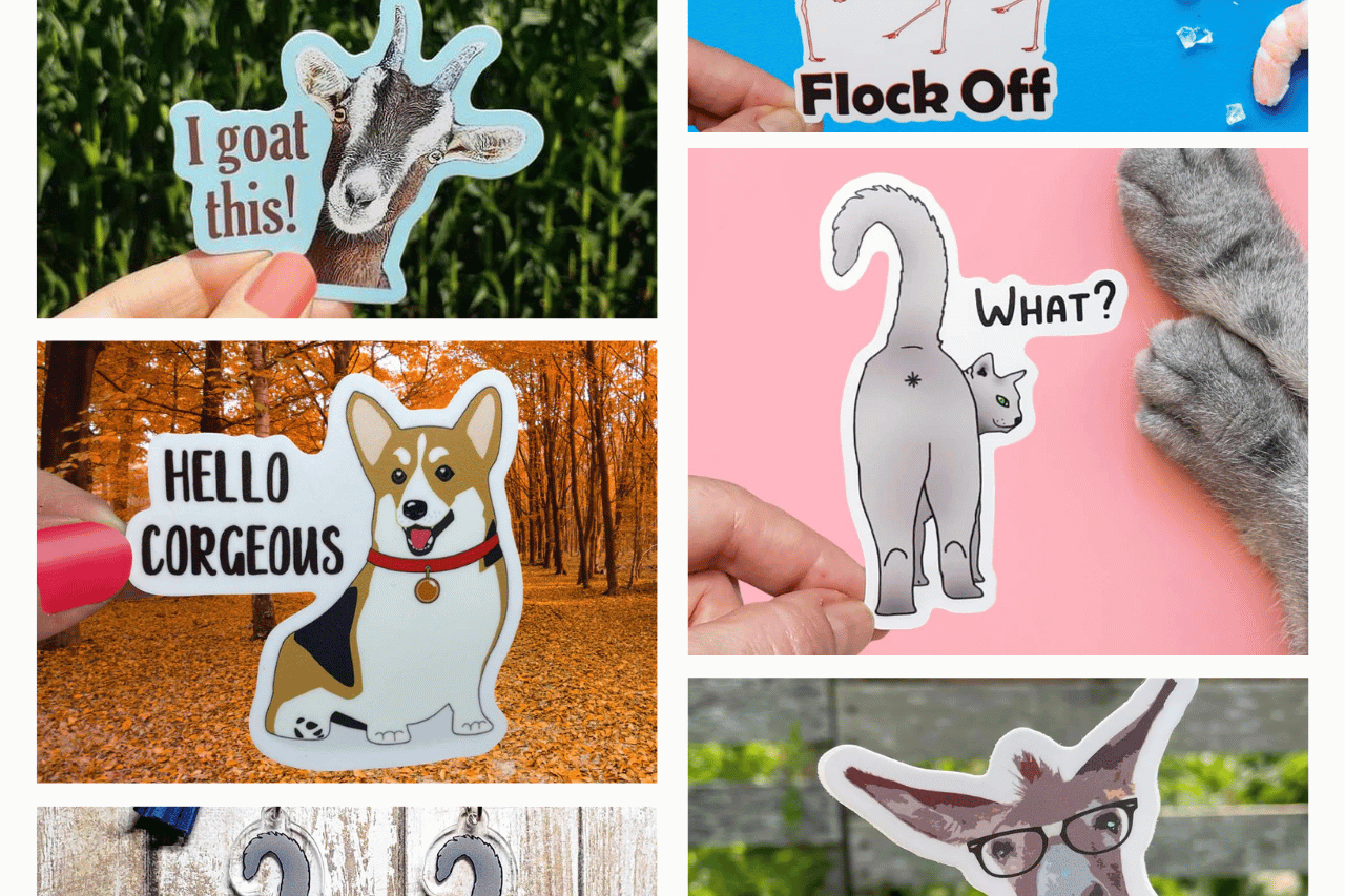 A photo of different funny vinyl stickers with animals on them.