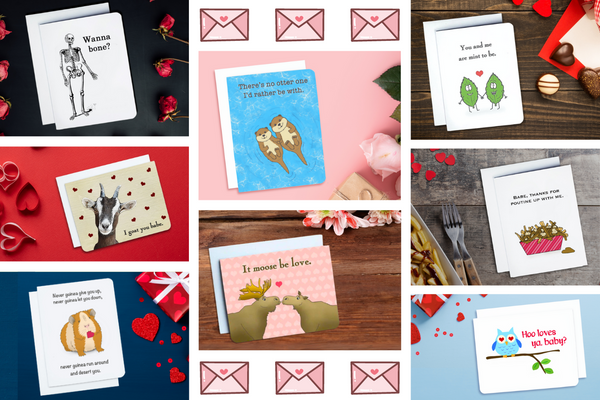 A photo of eight funny valentines cards.