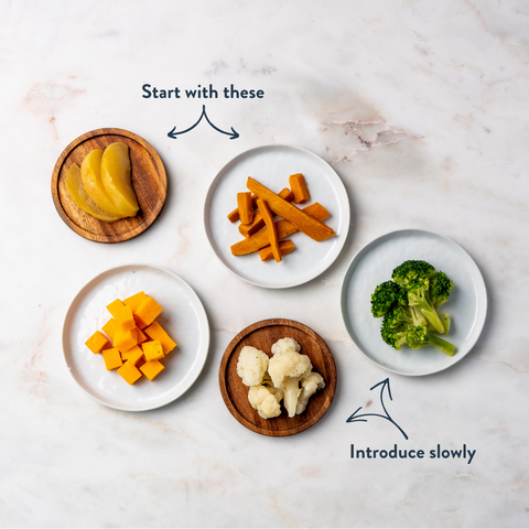 Suggested foods for baby led weaning, introducing first foods to baby, arrow pointing at cooked sweet potato and apple with "start with these" and arrow pointing at broccoli and cauliflower suggesting to "introduce slowly"