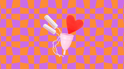 Tampons and menstruation cup on a purple and pink checkered background.