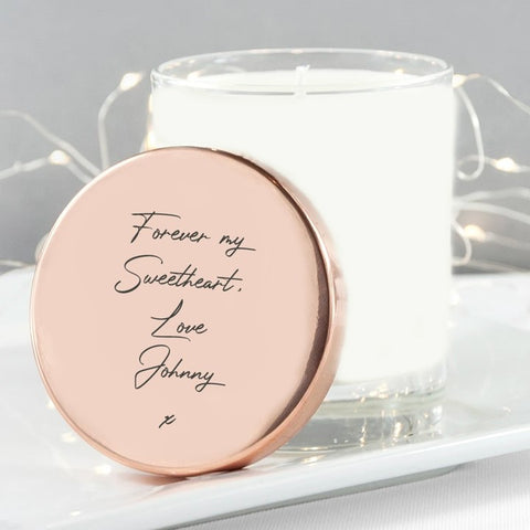 Candle with handwriting inscribed lid