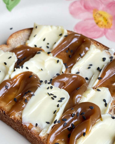 Butter Toast with Coconut spread and sesame seeds. 