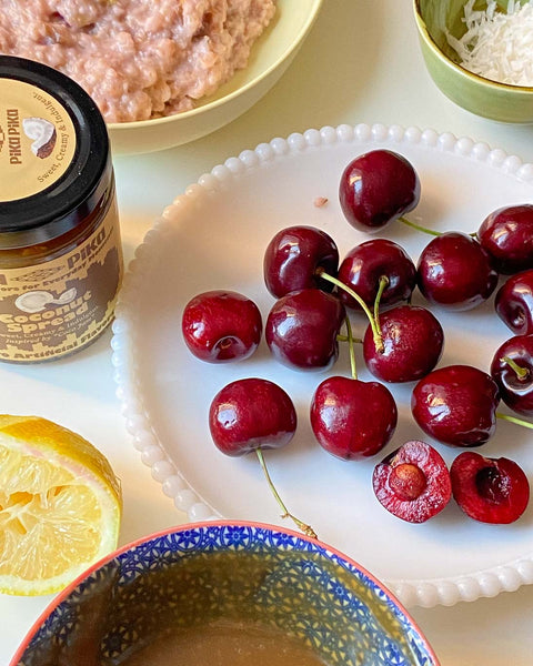 Pink oatmeal with cherry and coconuts using Pika Pika's Coconut Spread Ingredients