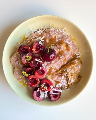 Pink oatmeal with cherry and coconuts using Pika Pika's Coconut Spread