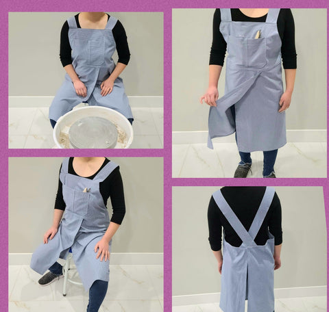 Custom blue split leg apron for potters