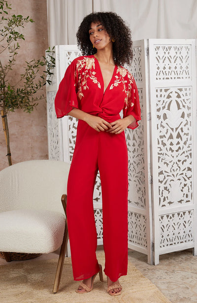 DIVINE EMBROIDERED RED JUMPSUIT